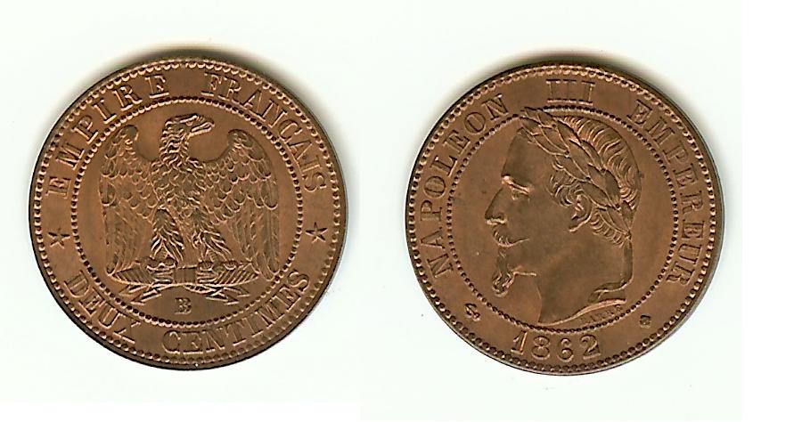 2 centimes Napoléon III 1862BB Strasbourg BU+